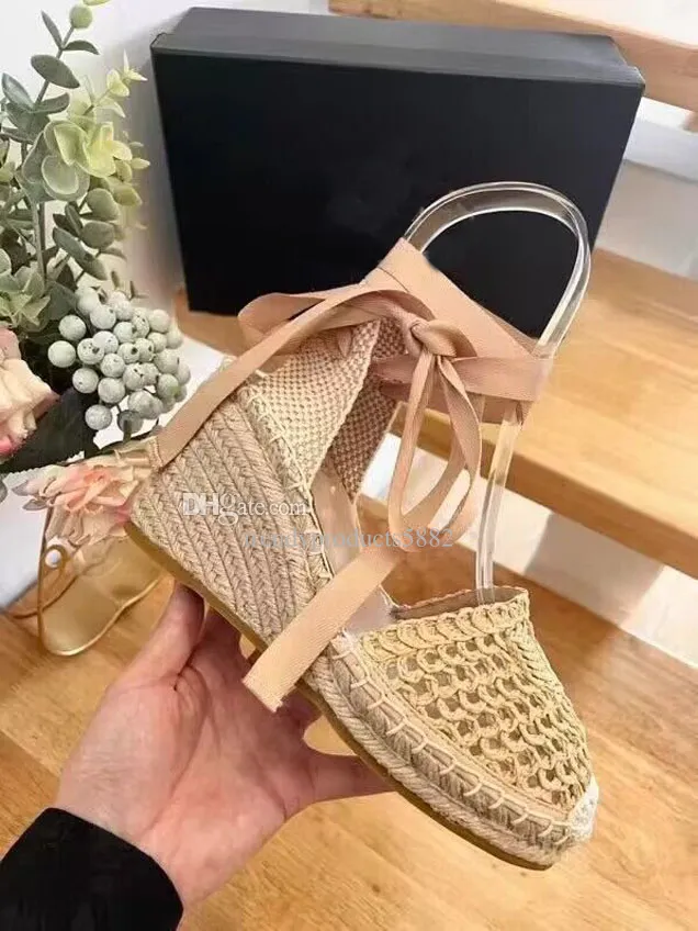 Hollow Ribbon Sloping Heel Sandals, Evening Shoes, Handmade Shoes, Women's Dress Shoes, Round Toe Grass Shoes, 35-41