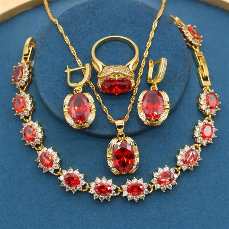 Brincos colar clássico vermelho zircônia pedras conjuntos de jóias cor ouro para mulheres pulseira anel festa aniversário gift271m