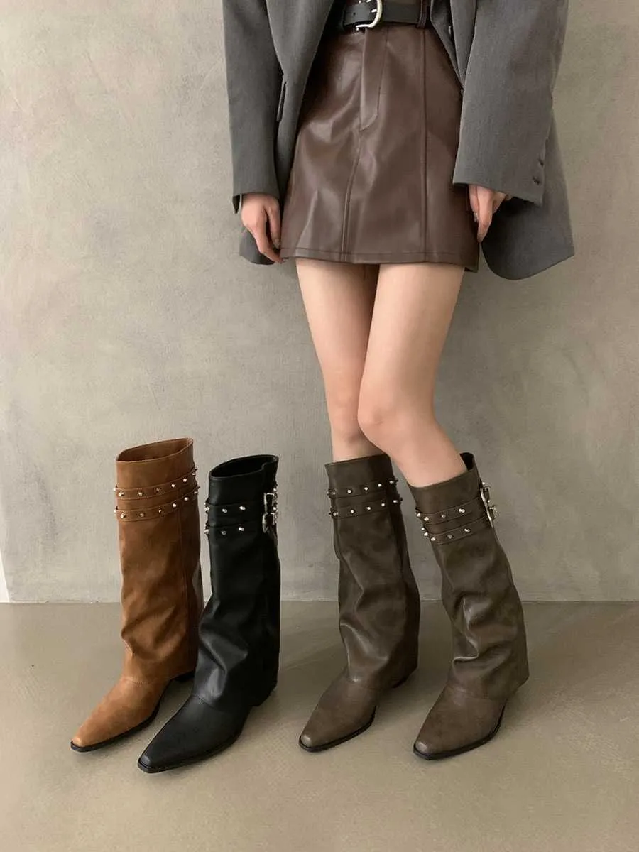 Premium American Spicy Girl Style Rivet Knight Boots Thin Boots staplade med långa stövlar Små barnstövlar Byxor 231026