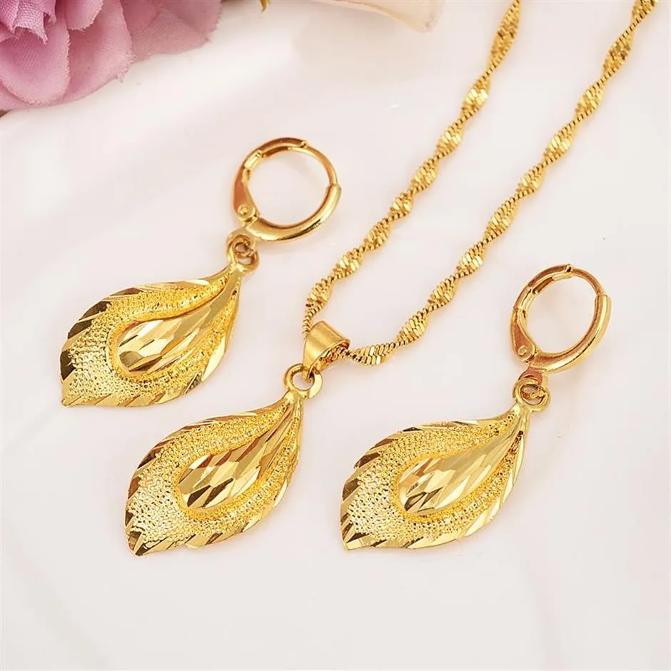14 K Solid Gold GF Necklace Earring Set Women Party Gift Big Leaf Set Daily Wear Mother Gift Diy Charms Girls Fine Jewelry2425