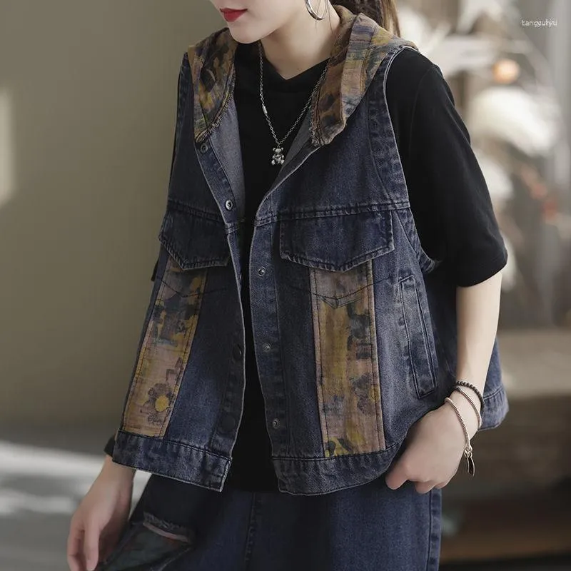 Kvinnors västar Kvinnors vintage denim Vest Coats Women Casual ärmlösa kvinnliga västar Spring Autumn Splicing Hooded Short