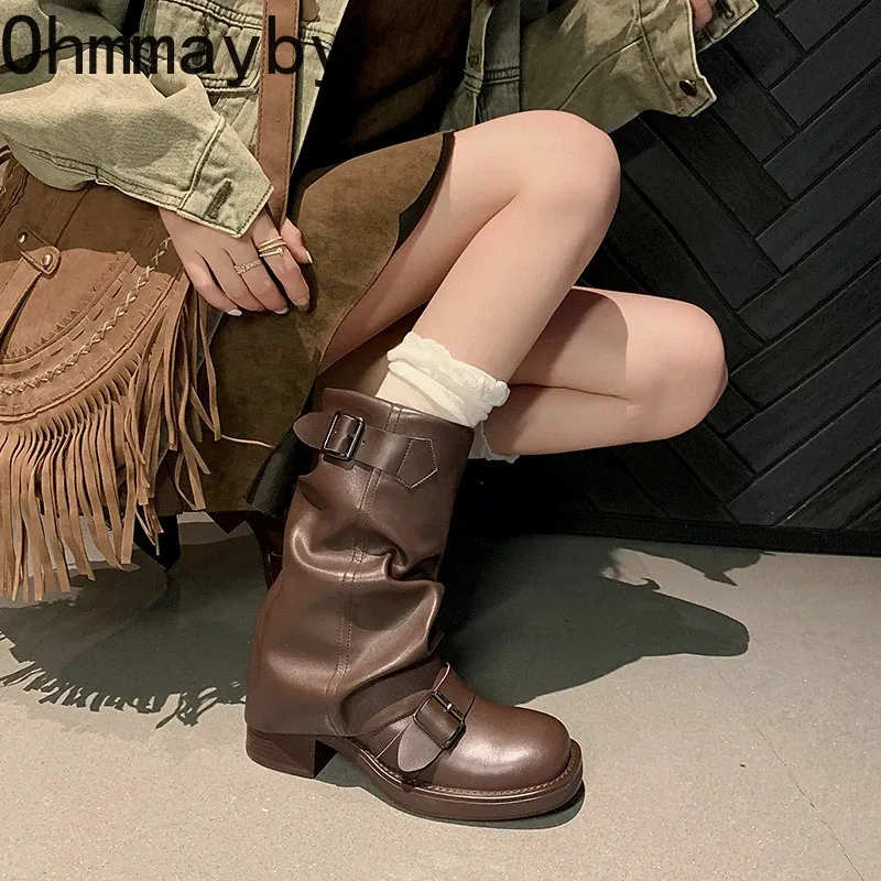 Boots Brand Designer Woman Mid Calf Fashion Square Low Heel Ladies Long Shoes Winter Women s 231026