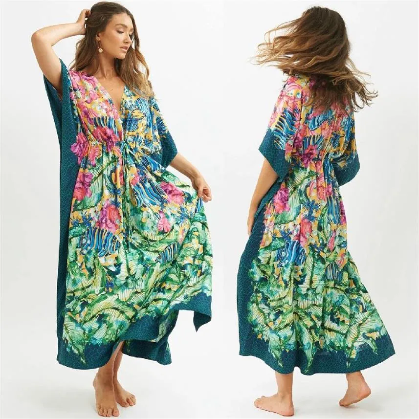 2021 Green Bohemian Printed Bats Hylsa Hög midja Summer Beach Dress Cotton Tunic Women Beachwear Kaftan Maxi Dresses Q1087 F0122233Z