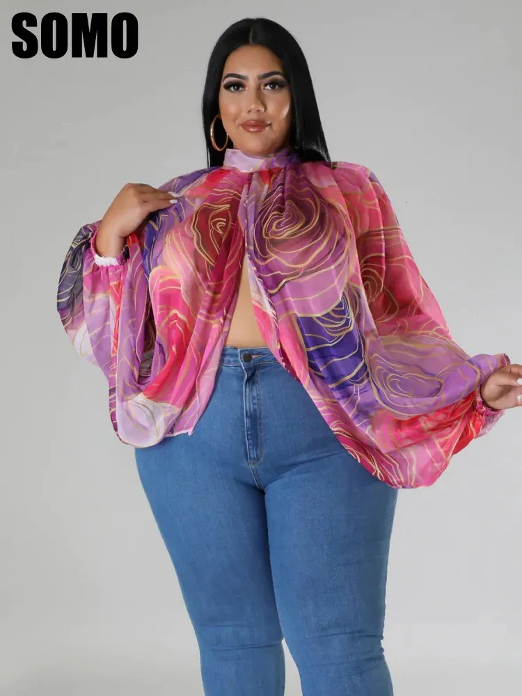 Blouses pour femmes Chemises SOMO Plus Taille Mode Col Rond Dos Ouvert En Mousseline De Soie À Lacets À Manches Longues Dégradé Imprimé Top En Gros Goutte 231025