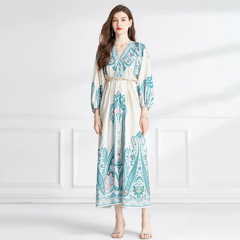 Basic Casual Dresses Vintage Paisley Floral White Maxi Dresses Women Designer Lantern Sleeve V-neck Party Long Dresses 2023 Autumn Winter Elegant Print