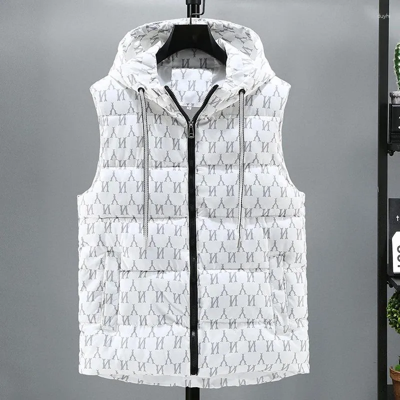 Heren Vesten Winter Mannen Vest Met Capuchon Dikke 2023 Casual Brief Gedrukt Waterdicht Mannelijke Comfortabel En Warm Vest Plus Size 4XL