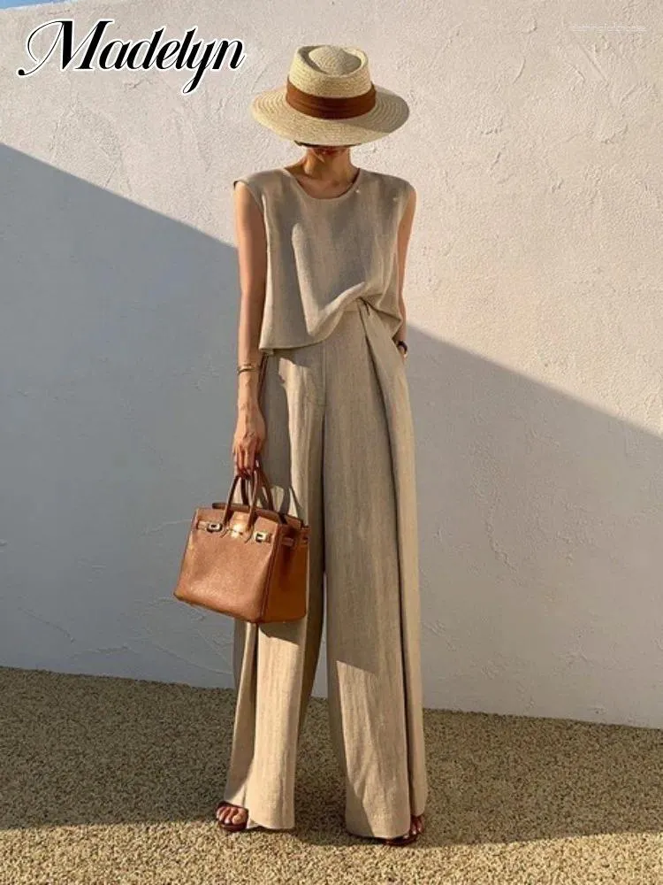 Women's Two Piece Pants Fashion Sets Womens Outifits Cotton Linen Suits Sleeveless Tops Loose Wide Leg Summer Casual Solid Matching