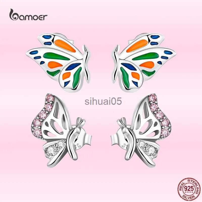 Stud Bamoer Fashion Butterfly Ear Studs for Women 925 Sterling Silver Colorful Animal Piercing Earrings Fine Wedding Jewelry Gifts YQ231026