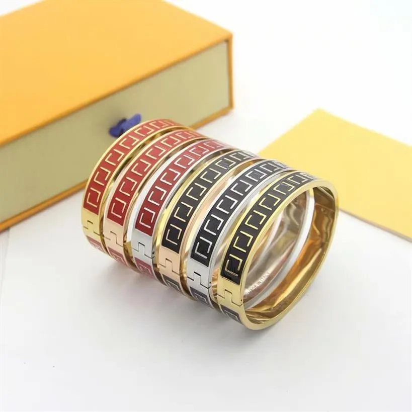 Europa Amerika Mode Stijl Dame Vrouwen Titanium staal Gegraveerd F Initialen Rood Zwart Emaille Brede Bangle Armbanden 3 Color255N