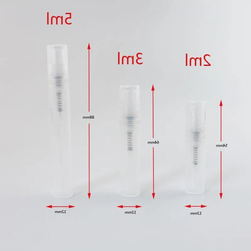 Bouteille de parfum en plastique transparente de taille mini de 2 ml 3 ml 6 ml avec flacon d'échantillonneur de pulvérisateur à brume fine 100pcs / lot Gjsng