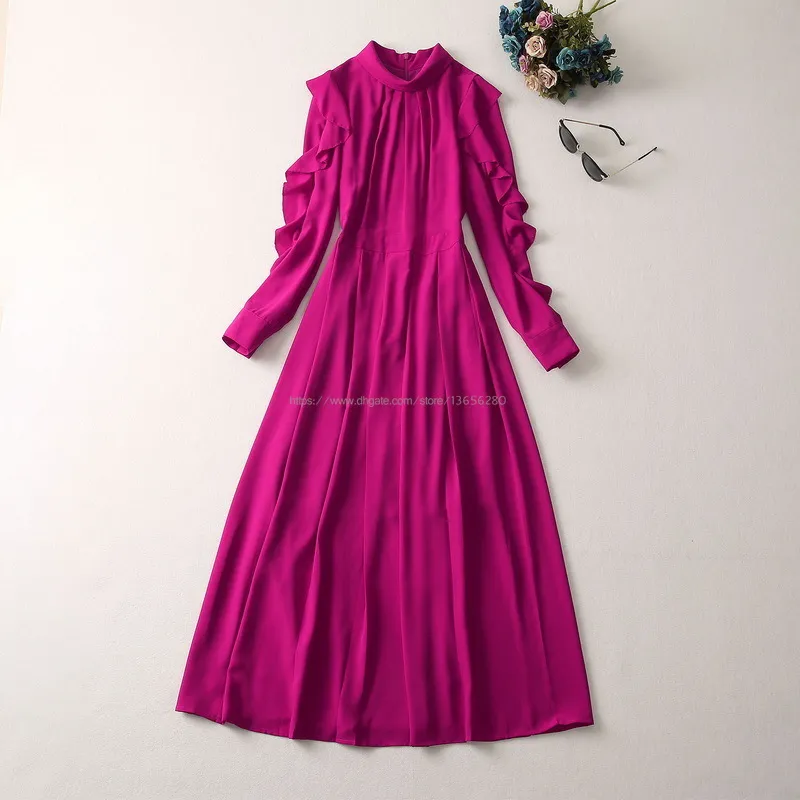 2023 Autumn Purple Solid Color Ruffle Dress Long Sleeve Stand Collar Panelled Midi Casual Dresses S3F280104 Plus Size XXL