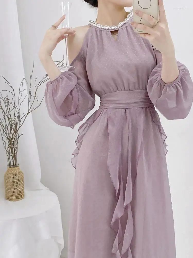 カジュアルドレス紫色の肩のフリル女性セクシーなクラブファッションAライン長袖2023春秋のドレスフレンチ