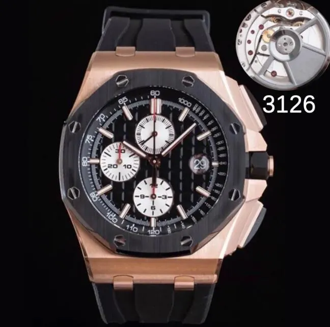 11 typer Mens Luxury Eta Royaloak Watch 3126 Rose Gold Movement 44mm 26400 904L rostfritt stål gummiband 5 bar vattentät automatisk kronografklockor