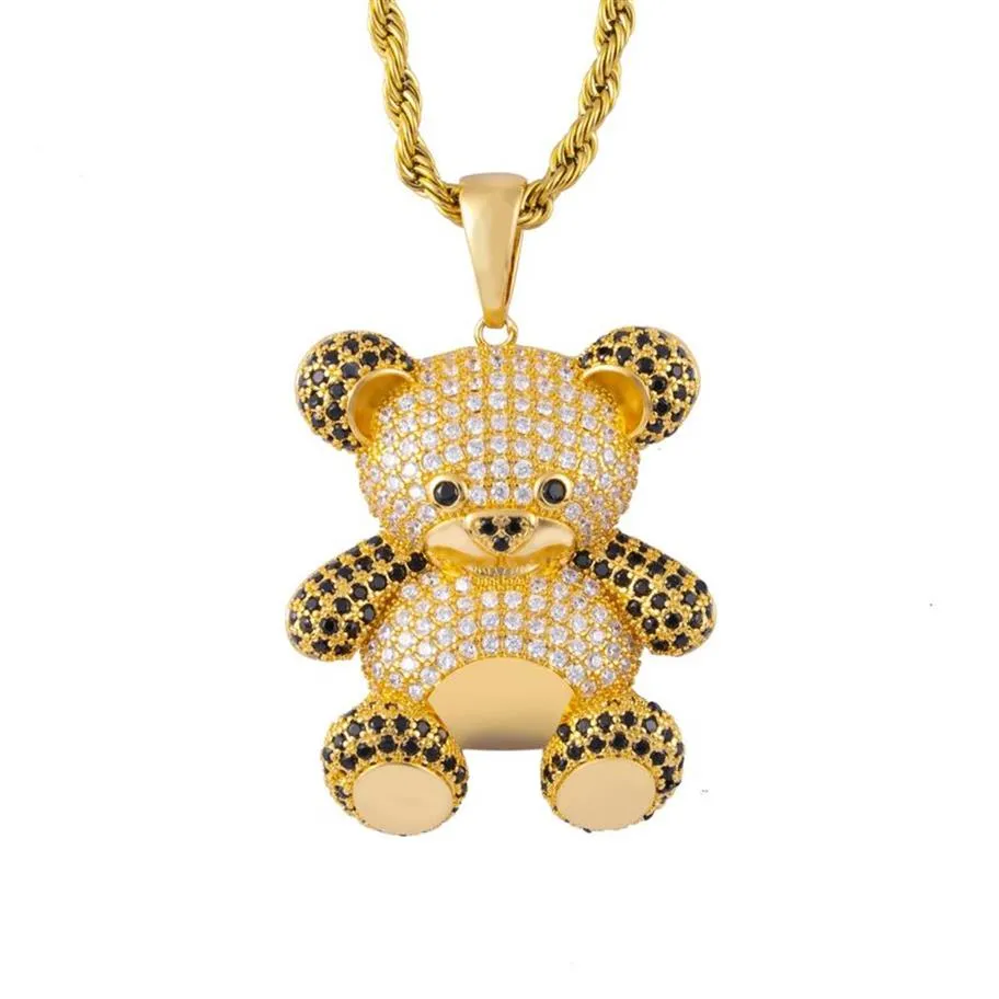 Collana Hip Hop INS Collana con ciondolo orso pieno CZ placcato oro 18 carati con collana a catena in corda per uomo donna Gift205V