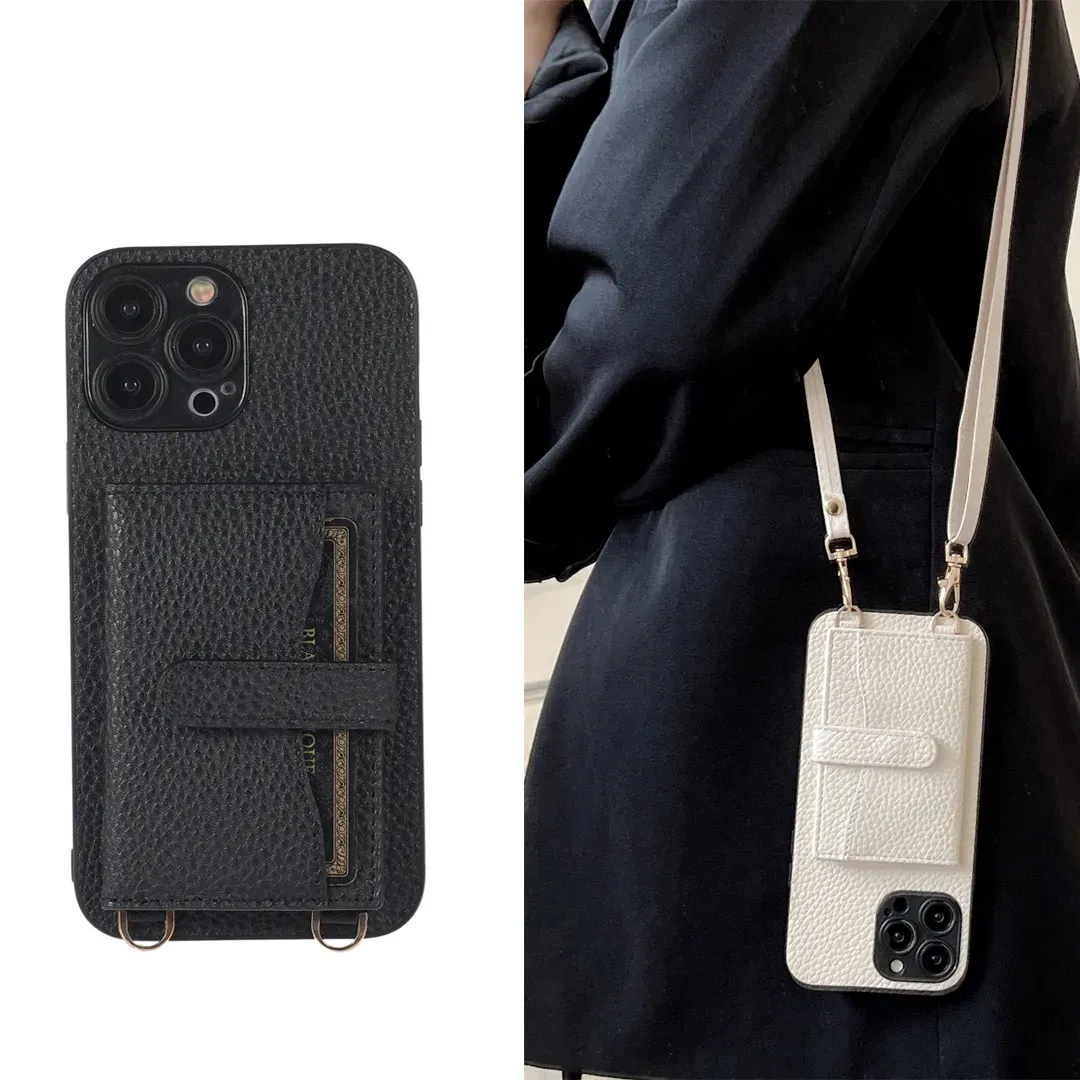 Étui de téléphone en cuir de portefeuille de poche de carte pour iPhone12 13 14 11 ProMax XR Xs Max 14 Plus support bandoulière lanière sac de téléphone de luxe G2310273PE-3