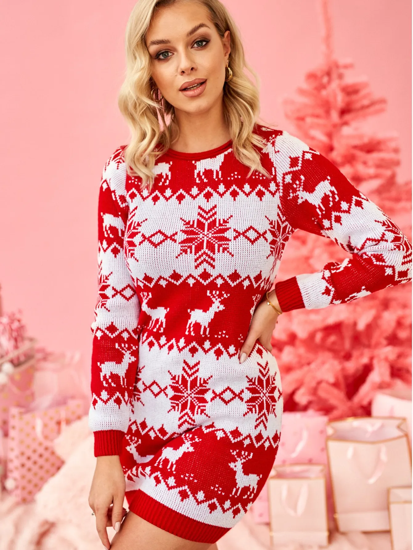 Kadınların çirkin Noel kazak örgü örtüsü polyester kumaş yuvarlak boyun uzun -elle olan Noel kar tanesi elk desen ısıtma ve nefes alabilir