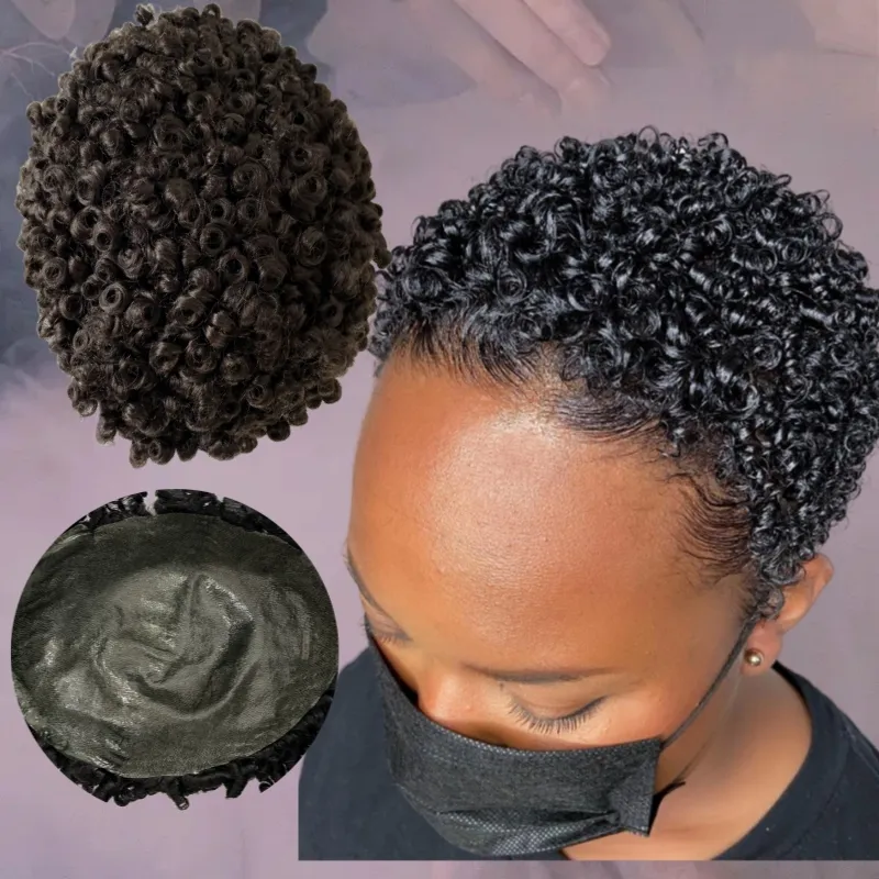 Postiche de cheveux humains péruviens vierges 8mm Curl # 1b noir toupet bouclé rebondissant 8x10 noeuds unité en PU pour homme noir