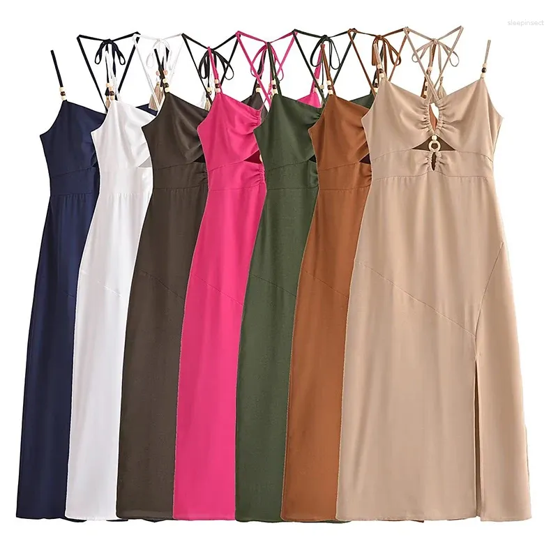 Vestidos casuais yenkye verão mulheres moda backless halter sling frente fenda v pescoço feminino midi festa sexy vestido