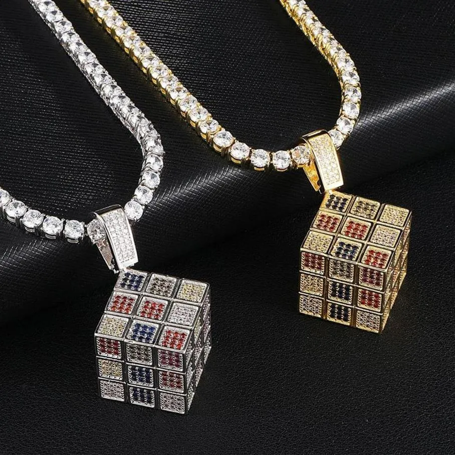 Iced Out Magic Cube Pendant Multicolor Micro Pave Cubic Zircon Necklace for Men Women Gifts Fashion Hip Hop Jewelry X05092172