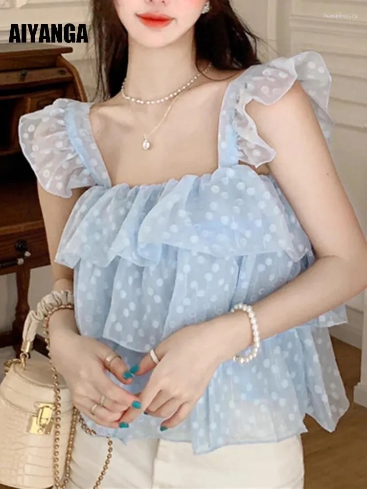 Tanks pour femmes AIYANGA Summer Mousseline Camis Femmes 2023 Élégant Polka Dot Tops sans manches Femme Blusas Bleu Doux Kawaii Blouse Volants Chemise