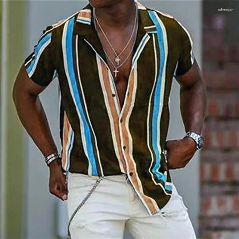 Chemises décontractées pour hommes Chemise boutonnée Col de camp d'été Cubain Manches courtes Rayé Turndown Boutonné Vêtements
