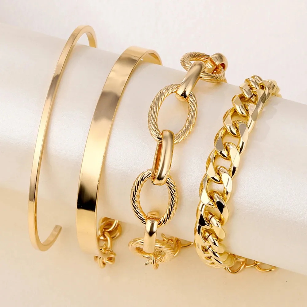 Charm Bracelets 4Pcs Punk Heavy Metal Big Thick Chain Bracelet Set Women Retro Geometric Twist Bangles Fashion Jewelry 231027