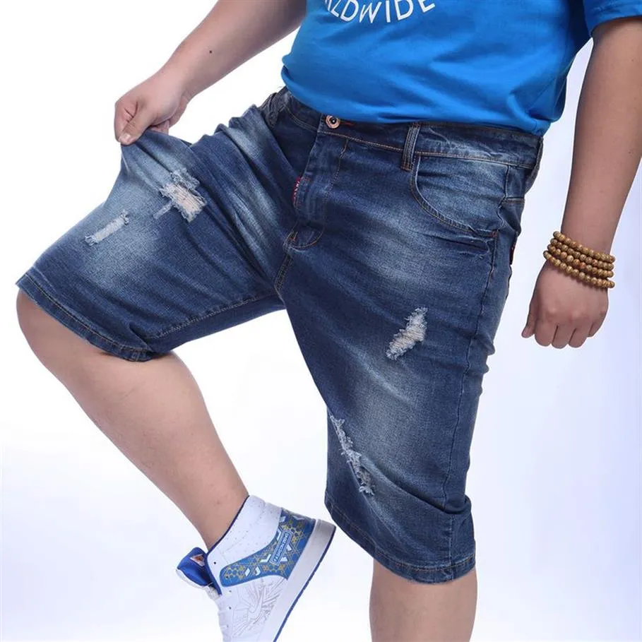 Whole-2016 New Fashion Men Denim Plus Size Jeans Shorts Blue Short Ripped Jean Trousers Distressed Stretch Elastic Large Size 187v