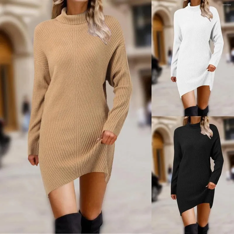 Vestidos casuais outono e inverno feminino versátil cor sólida alta pescoço pulôver camisola vestido manga longa solta simples malha