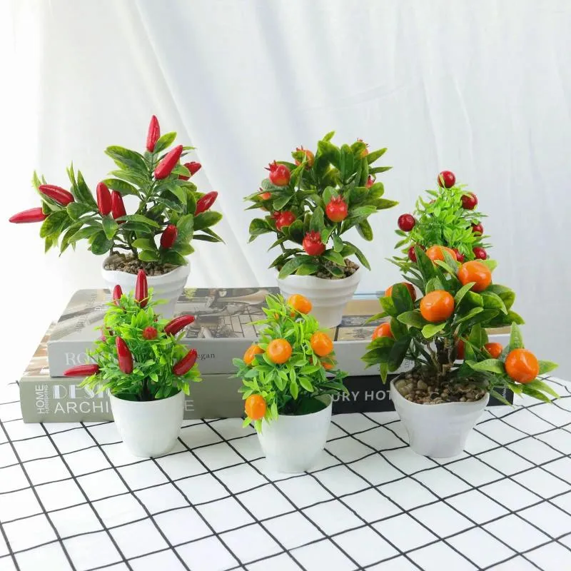 Decorative Flowers Artificial Plant Bonsai Orange Pomegranate Fruit Tree Window Sill Decoration Plastic Garden Fake Potted Mini