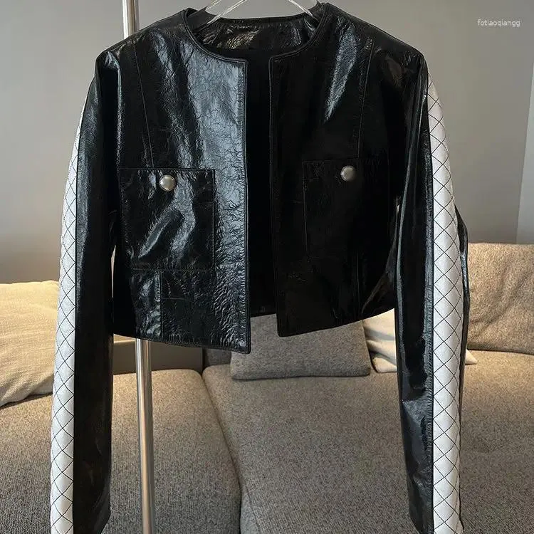 Veste en cuir 2023 véritable pour femme, Style automne et hiver, petit parfum, huile de vache, cire, grille de diamant, ligne pressée