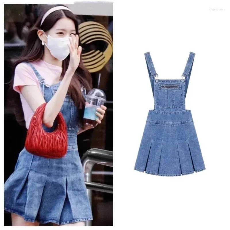 Casual Dresses Kpop Women Sexy Strap Dress Concert Blue Suspender Denim Streetwear Fashion Festival Clothing Rave Lady Mini