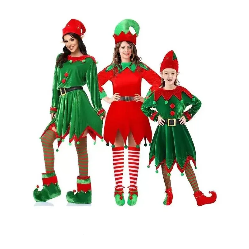 Weihnachtself Kostüm Set Grün | Inkl. Oberteil, Hose, Hut, Gürtel & Schuhüberzug | Für Kinder 115–125 Cm
