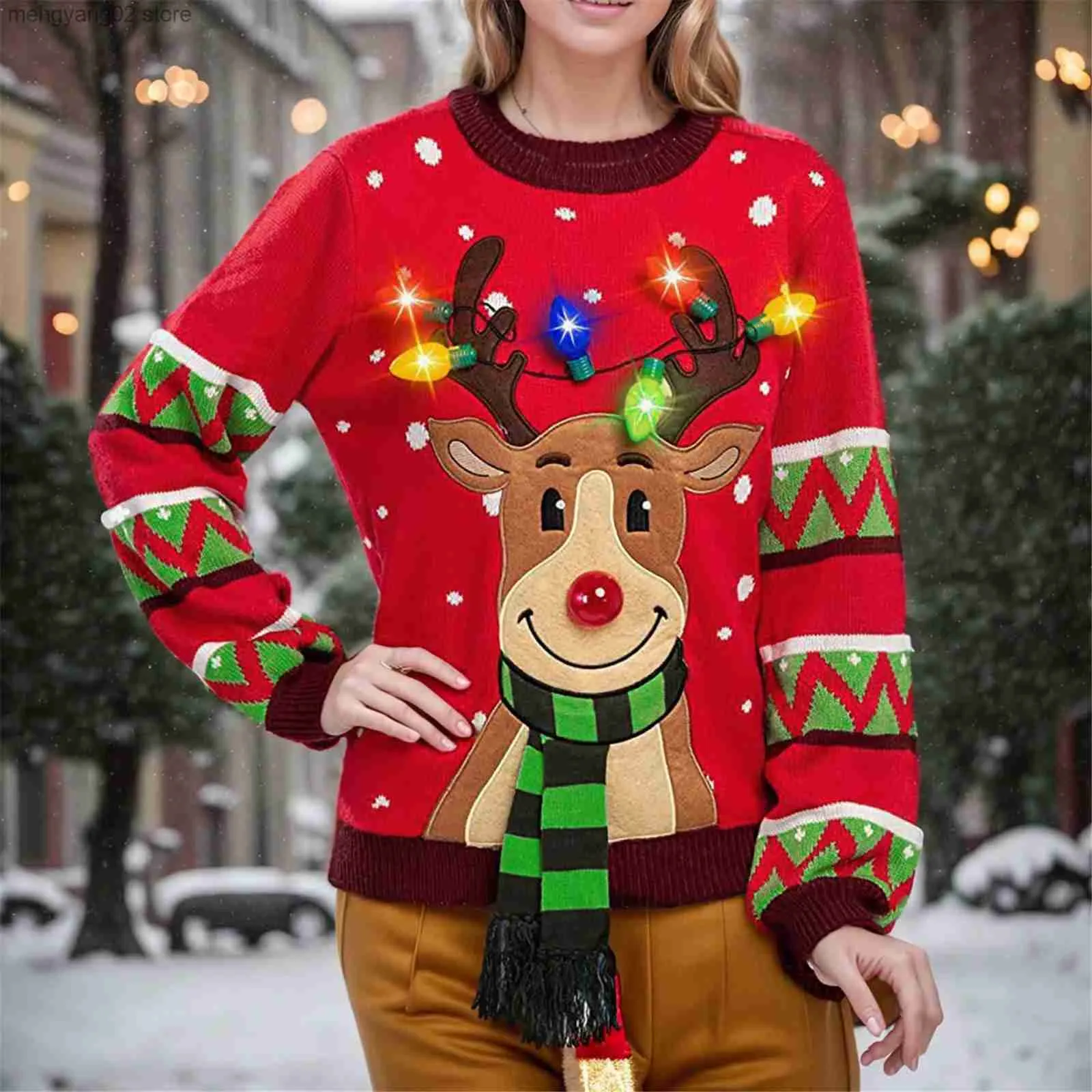 Kvinnors stickor Tees Kvinnor Led Light Up Sweater Christmas Cartoon Reindeer Elk Knit Pullover New Funny Party Jumper Tops Red Christmas Ugly tröja T231027