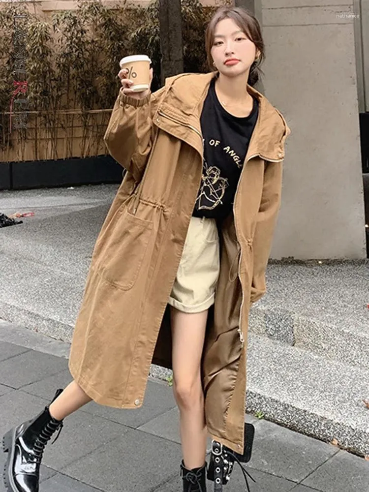 Women's Trench Coats LANMREM Women Hooded Long Windbreaker Fashion Solid Color Drawstring Gathered Waist Loose 2023 Autumn 23163