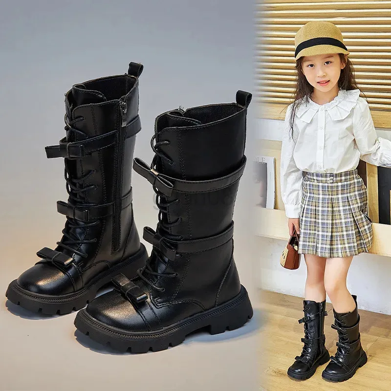 Bottes Bottes hautes pour filles, bottes longues de Style coréen et britannique pour enfants, chaussures de princesse de couleur unie avec nœud de passerelle, PU 231027, hiver 2023