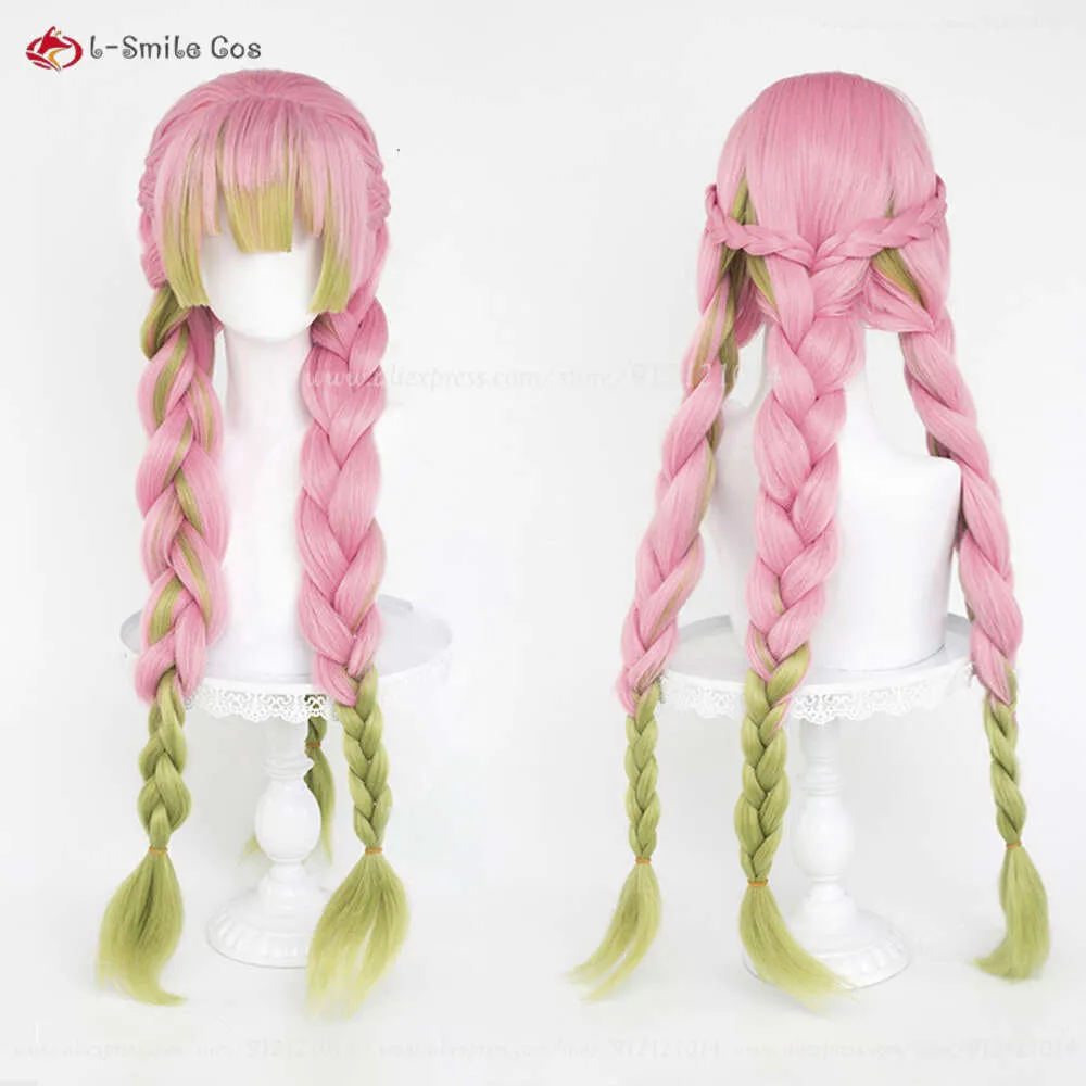 Catsuit Kostuums Cosplay Roze Groen Gradiënt Vlecht Kanroji Mitsuri Anime Pruik Hittebestendige Synthetisch Haar Vrouwen Pruiken