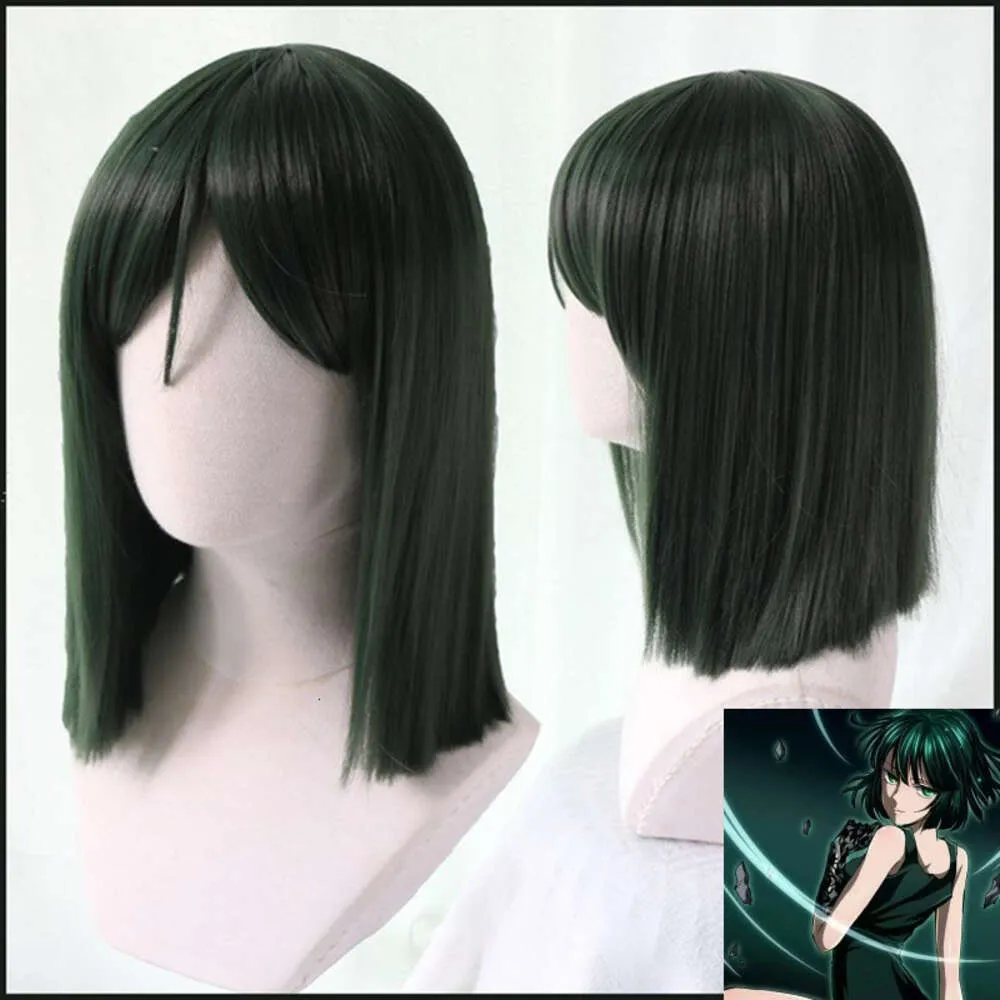 Trajes de Catsuit One Punch Man Cosplay Mulheres Meninas Resistente ao Calor Cabelo Sintético Verde Profundo Bobo Fubuki Perucas + Peruca Cap