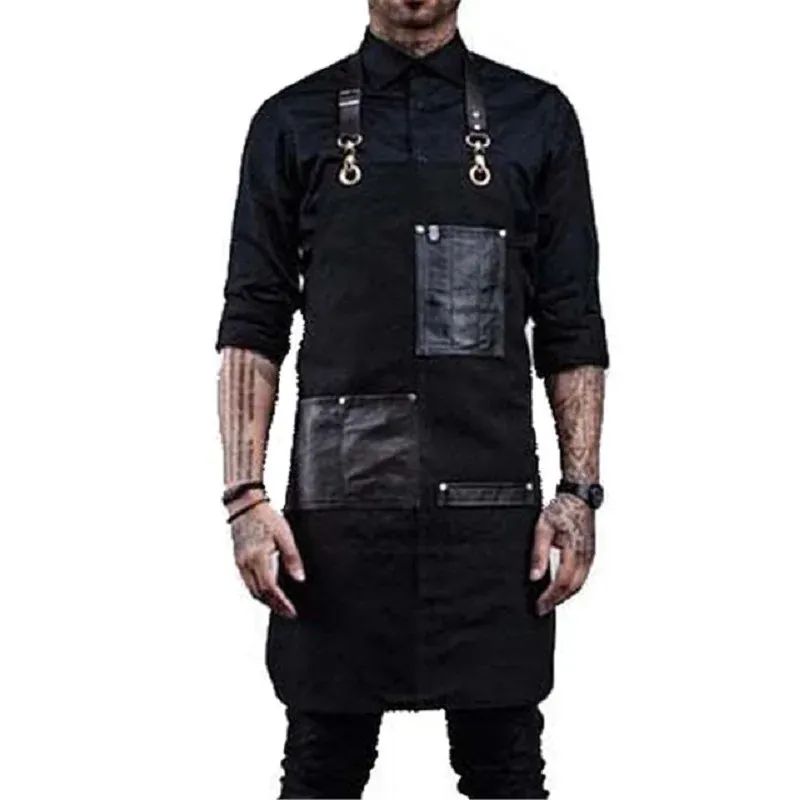 Aprons Custom Black Canvas Multi-functional Tool PU Leather Pocket Hairdresser Woodworking Overalls Kitchen Chef Waterproof Apron 231026