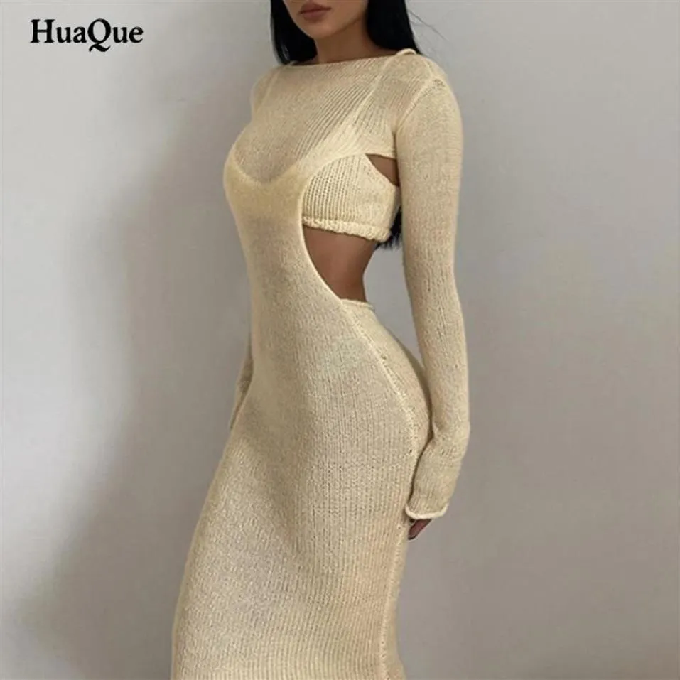 Casual Kleider Pullover Kleid Sexy Zweiteilige Lange Rock Anzug Gestrickte Elegante Party Enge Ärmel Herbst Y2K Woman275q