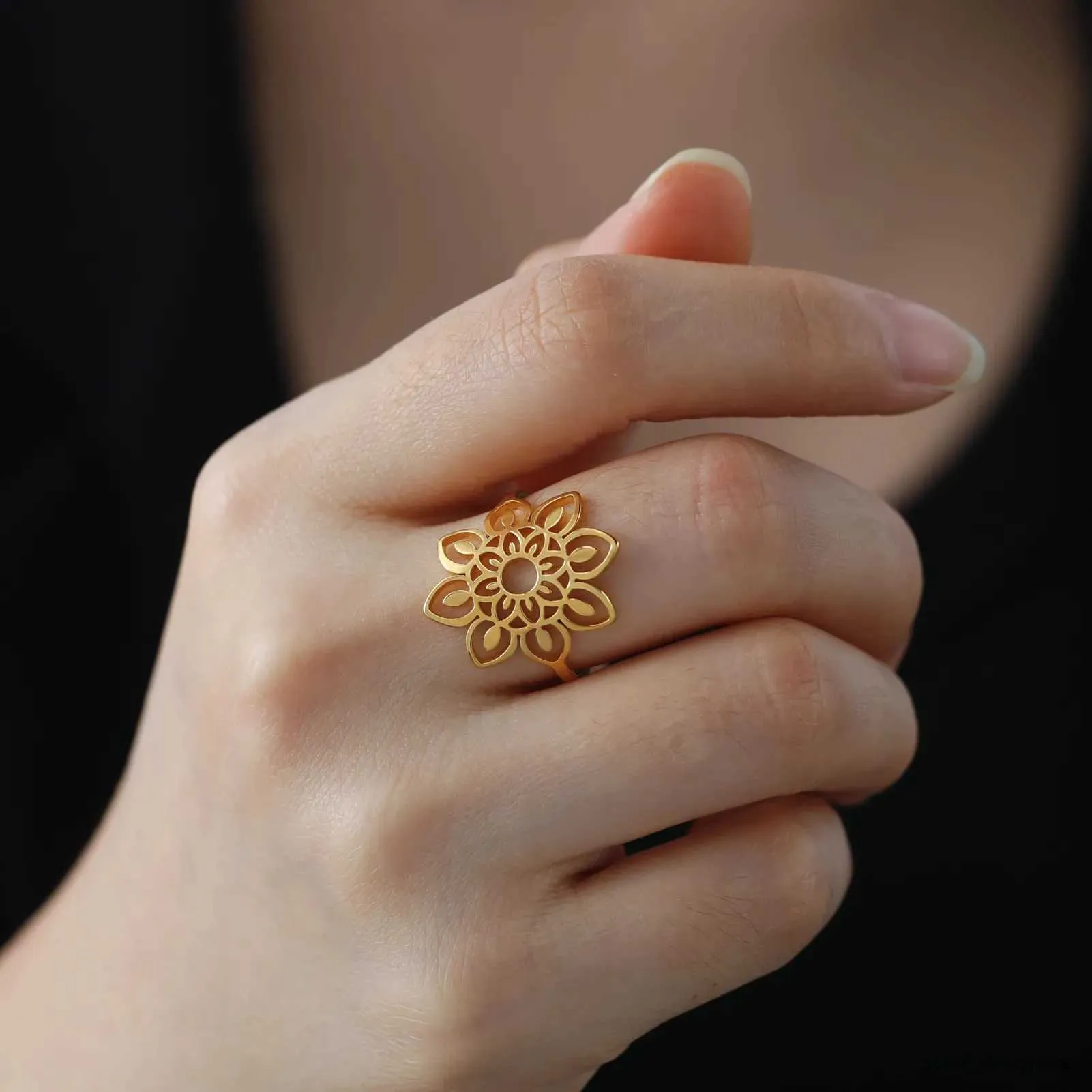 Rubans 24K Gold Plated Handcrafted Ring With Golden Beads And Floral D