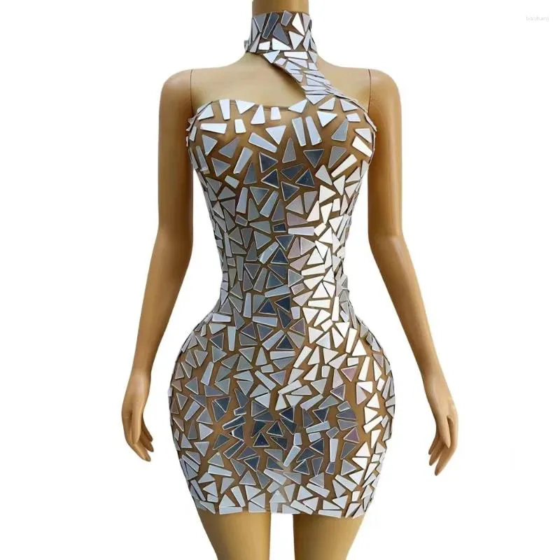 Palco desgaste sexy brilhando espelhos de prata sem mangas aniversário celebrar transparente mini vestido estiramento traje baile poshoot