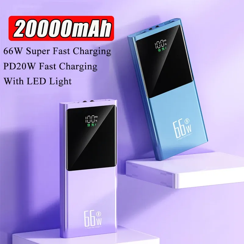 20000MAH Power Bank PD20W 66W Fast Charging PowerBank för iPhone 12 Xiaomi 9 Portabel extern batteripaket Powerbank för Huawei