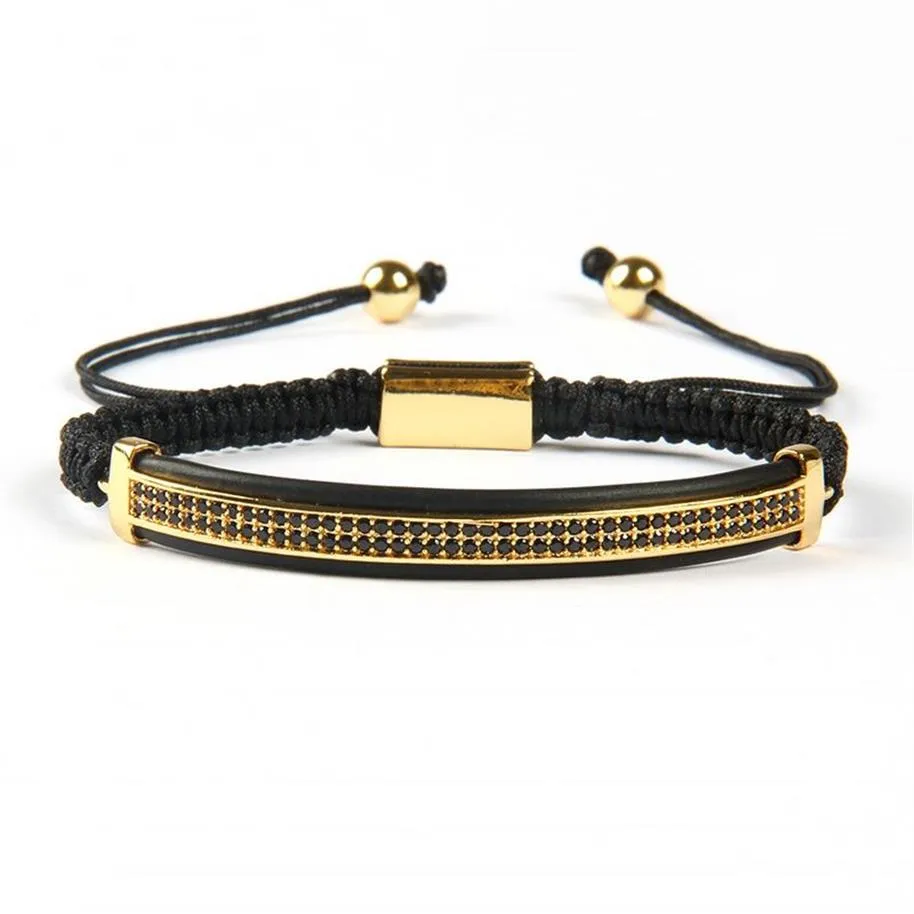 Hela 10st Fashion Mens smycken Micro Pave Brass Black CZ Double Long Tube Watch Protector Macrame Armelets287j