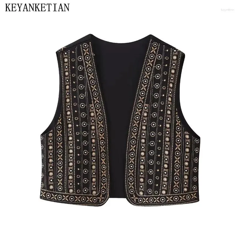 Damesvesten KEYANKETIAN Herfst Nationale Geometrische Borduren Crop Vest Tops Vakantie Wind Mouwloos Vest Dunne jas