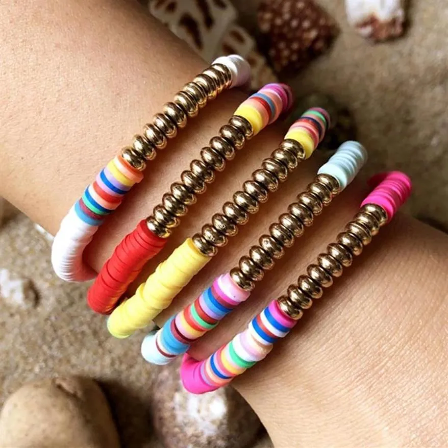 5 pezzi Boho carino arcobaleno smalto perline braccialetto elasticizzato colorato moda piastrella multicolore misto surf spiaggia gioielli regalo fascino Bracel273I