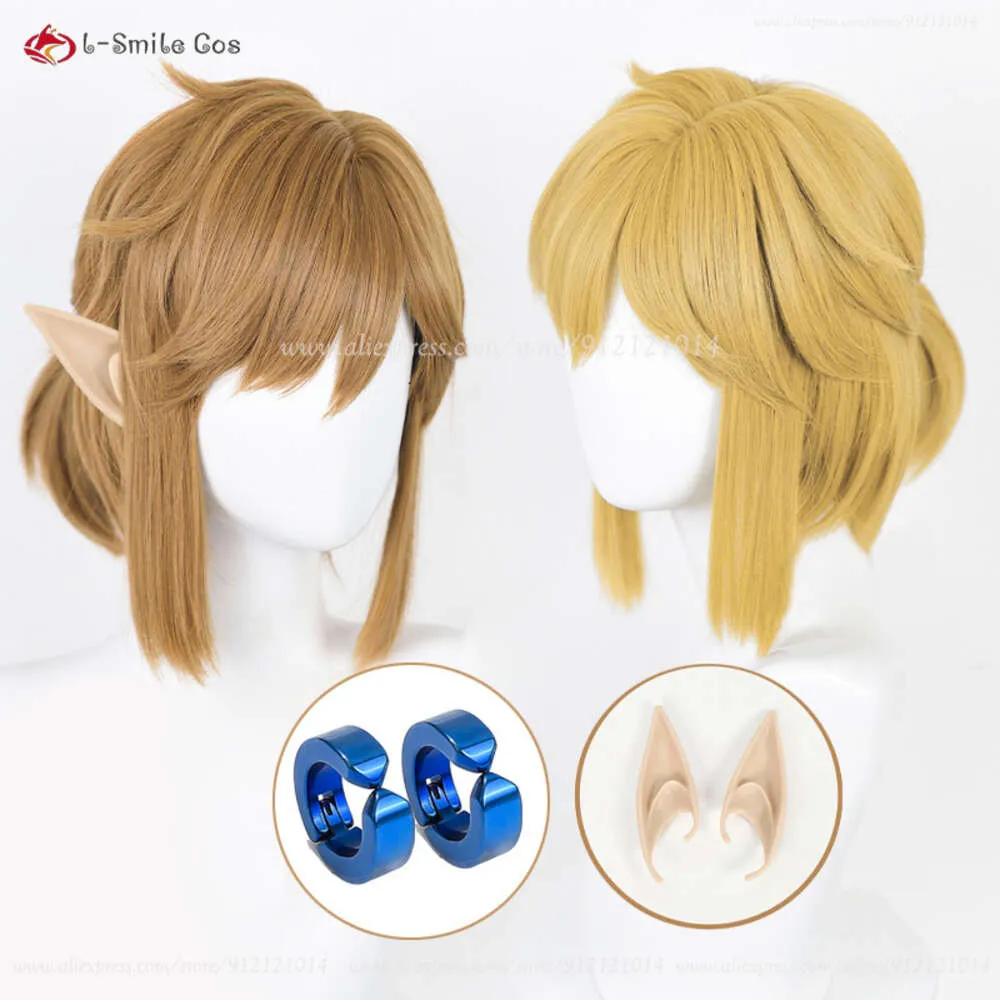 Costumes Catsuit Princess Link 29cm, perruques de Cosplay Anime marron, boucles d'oreilles, cheveux résistants à la chaleur, fête + bonnet de perruque