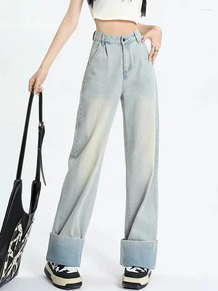 Kvinnors jeans nostalgic blå denim bredbensbyxor för kvinnor 2023 tidigt höst all-match roll-up byxa mop koreansk stil y2k