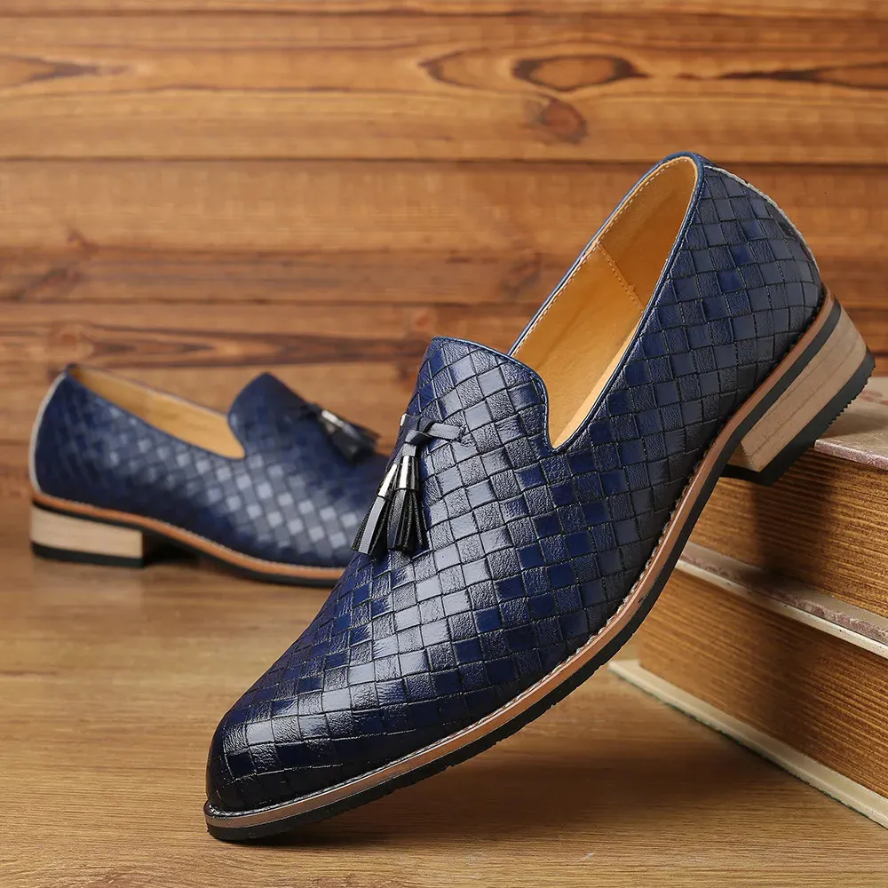 knee length dresses for ladies Dark Black Woven Leather Loafers For Men main image 0