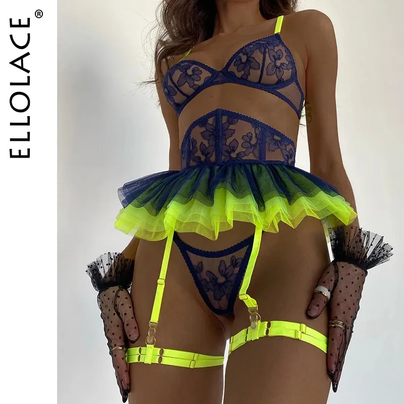 Seksowna set Ellolace Ruffle Neon bieliznę koronkę super drobne porno bieliznę nieocenzurowaną fantazyjną delikatną intymną luksusową podwiązkę 5-częściową strój 231027