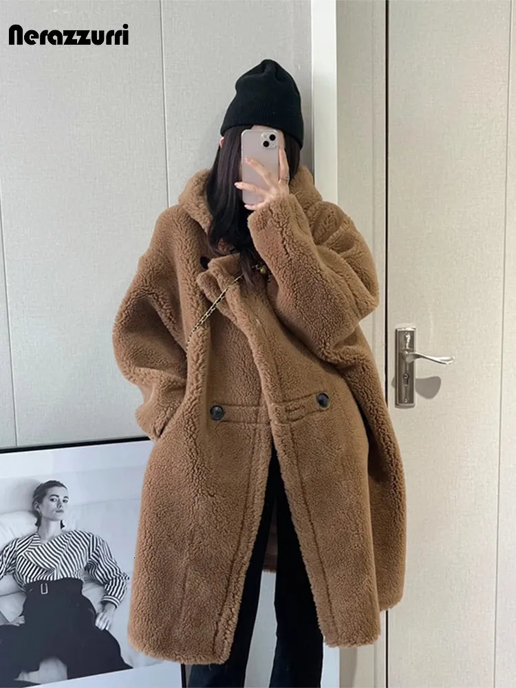 Kvinnors päls faux lautaro Autumn Winter Long Overized Brown White Blue Whetm Warm Soft Teddy Coat Women With Hood Stylish Overcoat 231026